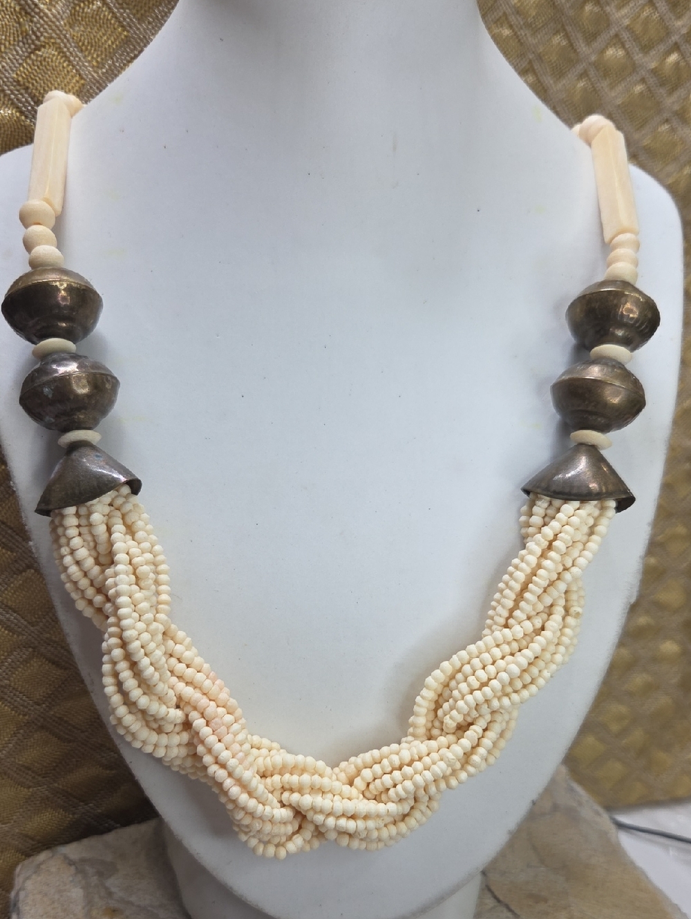 Multistrand Carved Bone And Brass Beaded Statement Tribal Necklace
